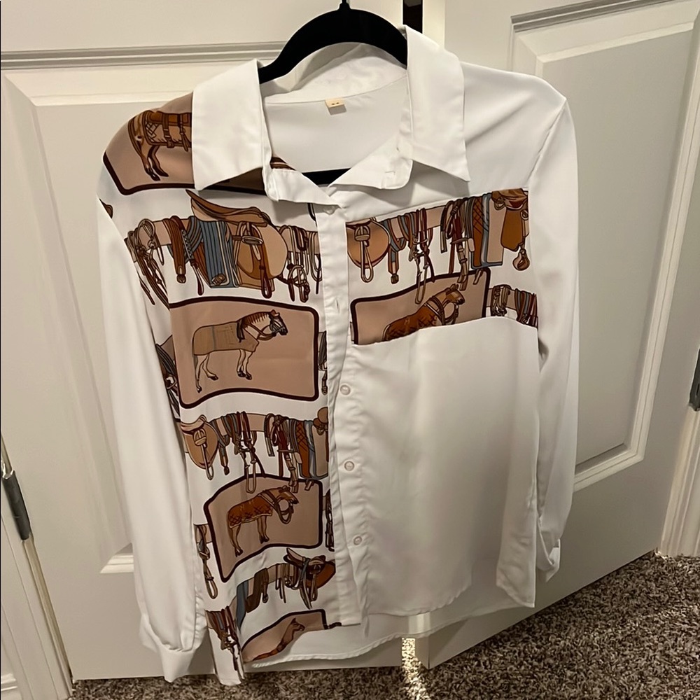Equestrian Print Button-Up Shirt
